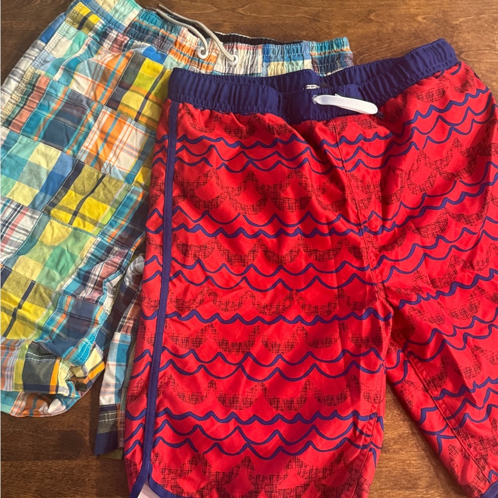 lands End & Gap Boys L Swim Trunks Plaid and Red Wave Pattern Shorts LOT
